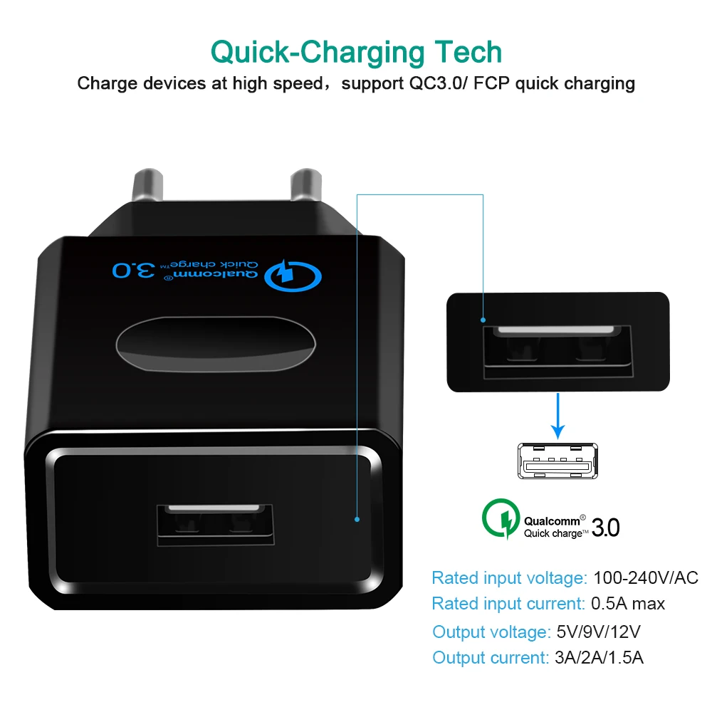 سريع تهمة 3.0 شاحن USB شاحن سريع QC3.0 شحن مع كابل Usb المحمولة الاتحاد الأوروبي الهاتف المحمول شاحن محول ل فون