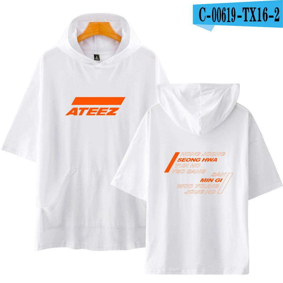 KELUOXIN Лето ATEEZ короткий рукав с капюшоном для женщин и мужчин хлопок свободная футболка Harajuku Хип Хоп популярная футболка ATEEZ Camisetas - Цвет: white