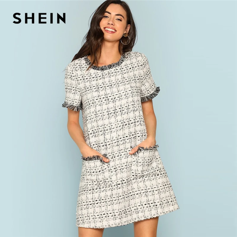Kopen SHEIN Grey Plaid Gerafeld Rand Knop Detail Tweed Jurk Elegante Franje Straight Korte Jurken Vrouwen Herfst Werkkleding Mini Jurk