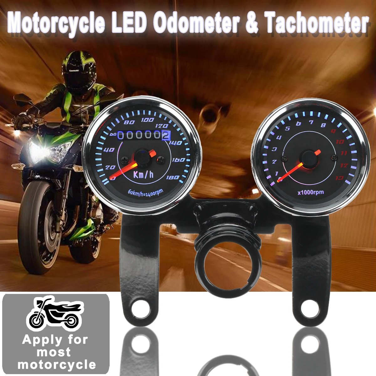 

0-180km/h LED Background Light Motorcycle Cafe Racer Odometer Tachometer Speedometer Gauge Black Bracket Speedometer