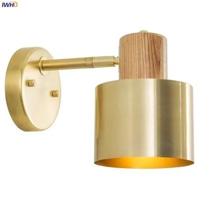 IWHD скандинавский медный настенный светильник в стиле ретро, Светильники для гостиной, ванной комнаты, зеркальный светильник, Деревянный винтажный настенный светильник, светодиодный светильник, аппликация, Мураль - Цвет абажура: Copper
