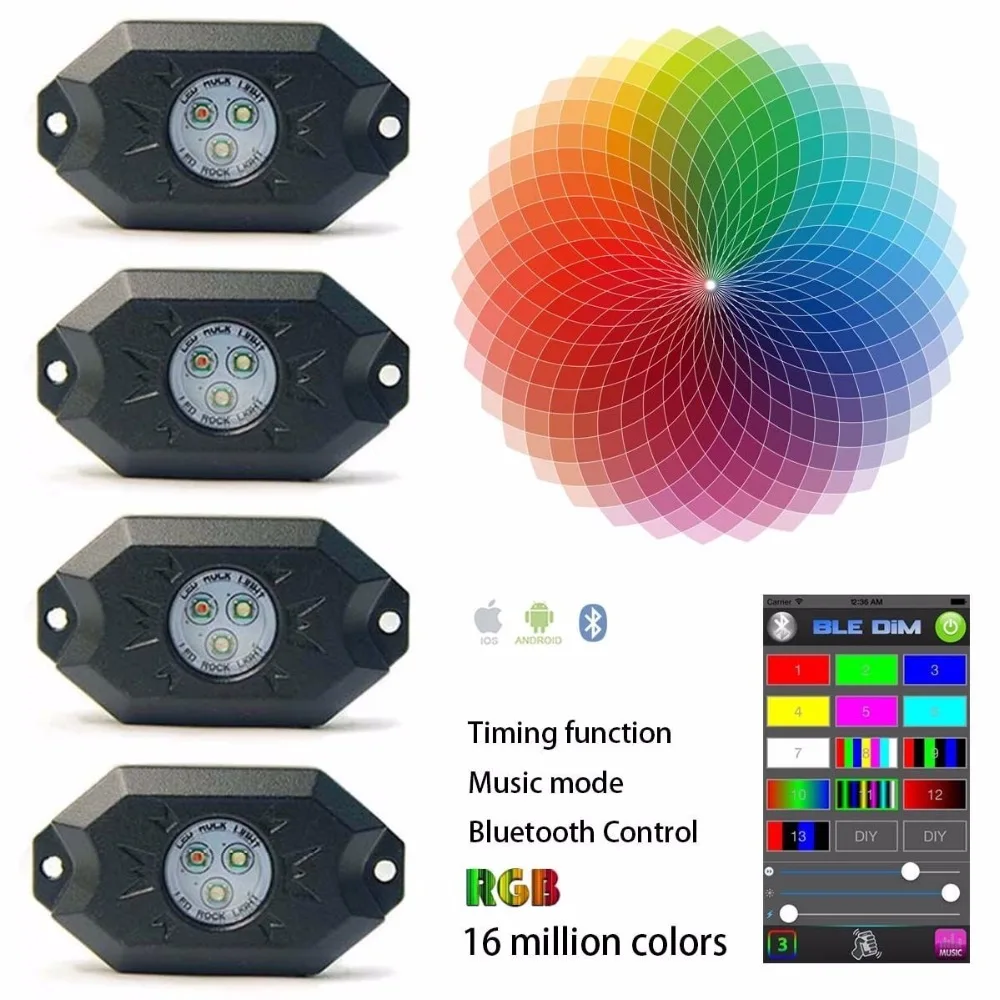 

9W 4 Pods Multicolor Neon LED Light Kit RGB LED Rock Lights with Bluetooth Controller Timing Function Music Mode