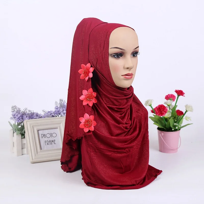 

10pcs/lot Metallic Appliques Flower Scarves Plain Color Long Shawl Female Muslim Hijab Headscarf Arab Tudung Islamic Headwear