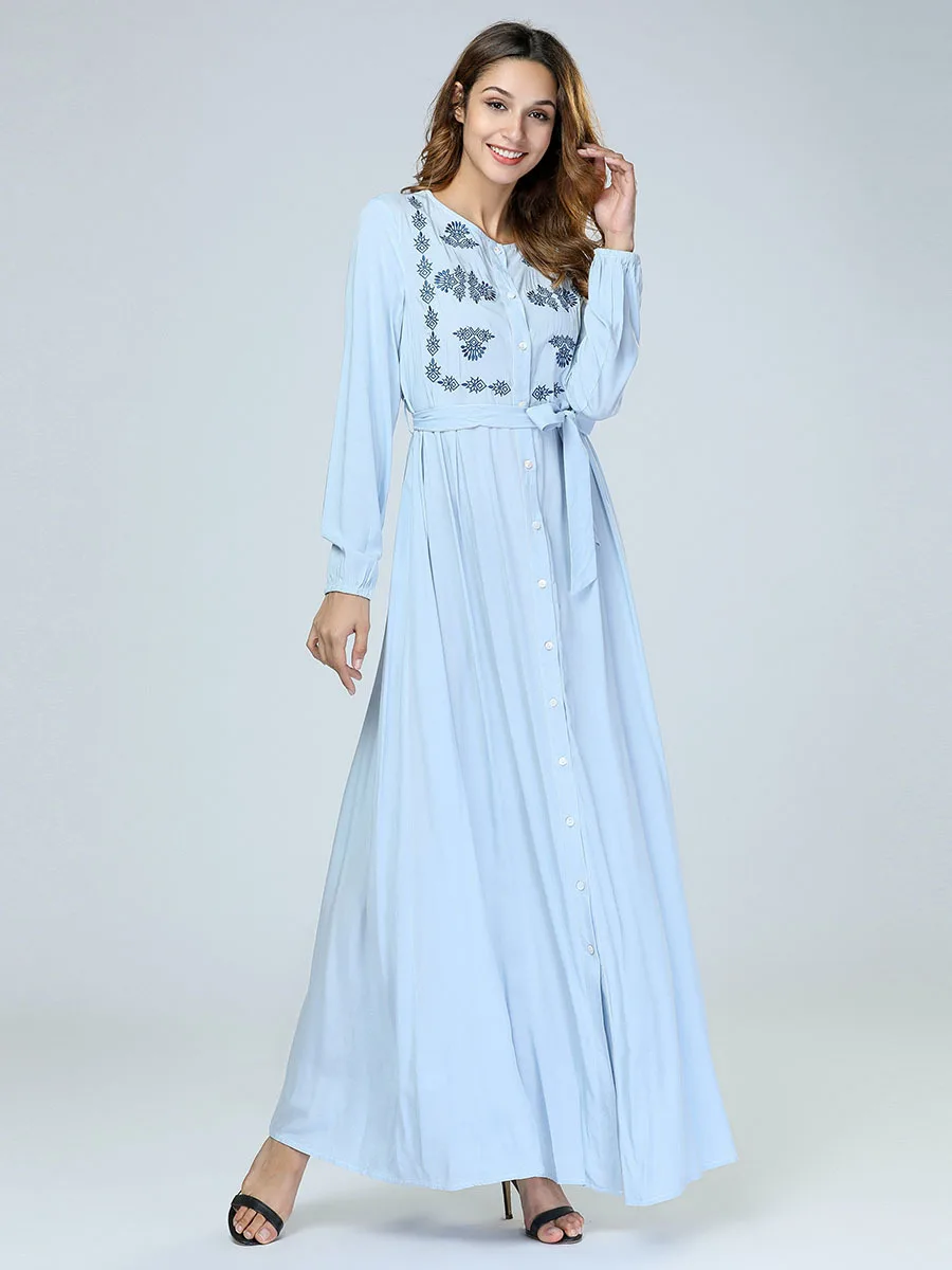 

Elegant Embroidery Floral Long Dress Maxi Abaya Full Dresses Tunic Kimono Ethnic Robe Gowns Muslim Middle East Islamic Clothing