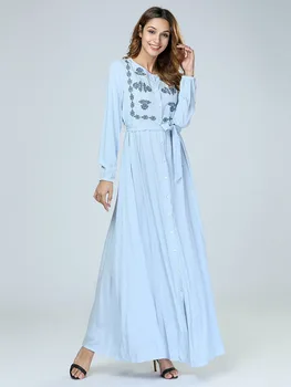 

Elegant Embroidery Floral Long Dress Maxi Abaya Full Dresses Tunic Kimono Ethnic Robe Gowns Muslim Middle East Islamic Clothing
