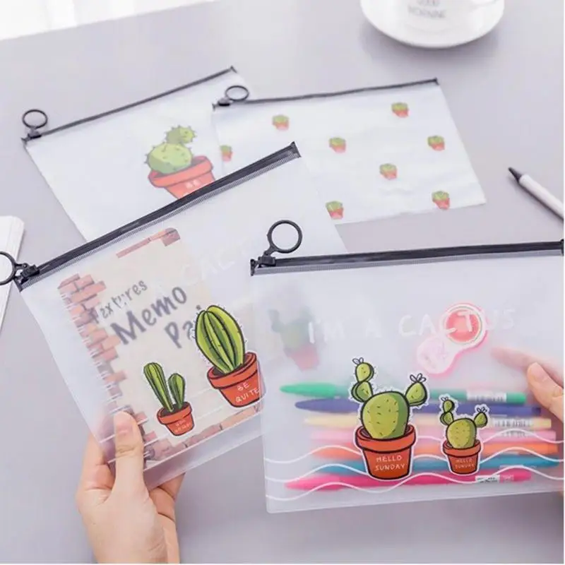 

NEW PVC Transparent Matte Cosmetic Bag Makeup Bag Cute Cactus Printed Kawaii Pencil Case Stationery Bag for Girls Students