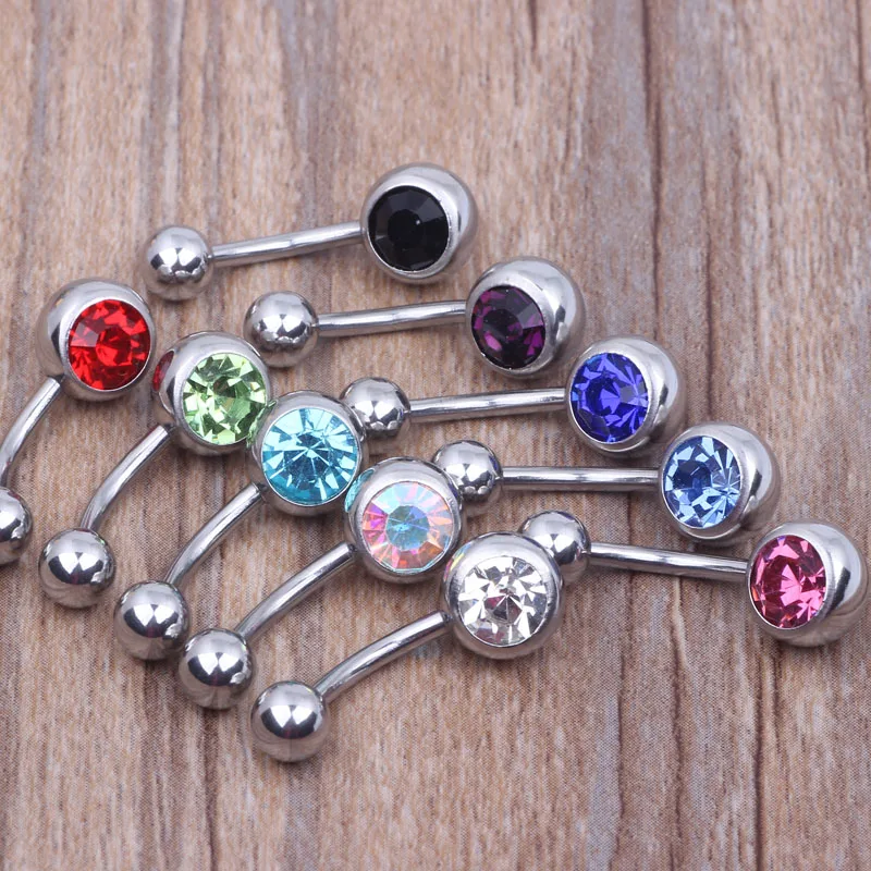 Wholesales Stainless Steel 100 pcs/lot Mix 10 Color 14G Body Piercing Jewelry Jewelled CZ Gem Navel Ring Belly Button Ring