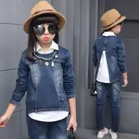 Spring 2017 Girls Denim Clothing Sets Autumn Children 3 Pieces Pullover Long Sleeve Coat and Long Pant and White Blouse 110-160