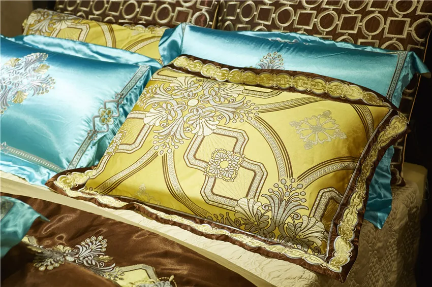 Waliicorners 10Pcs Luxury Satin Royal Bedding set Golden color Queen King size Duvet Bed cover Bed/Flat sheet Bed spread set Pillowcase 15 _51A6499
