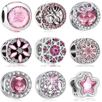 

High Quality Flower Star Bow Tree Crystal Heart Handmade Beads Fit Original Pandora Charms Pink Color Bracelet Jewelry for Women