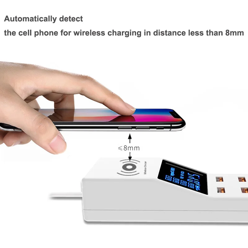 Quick Charge 3.0 Smart 40W 8 Ports USB Charger Digital Display QI Wireless Charger Charging Power Socket Adapter Strip EU US UK