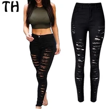 Обтягивающие, эластичные, черные, обтягивающие, рваные джинсы для женщин, Pantalon Jean Femme, джинсы с высокой талией, Tail Haute, повседневные брюки#160919