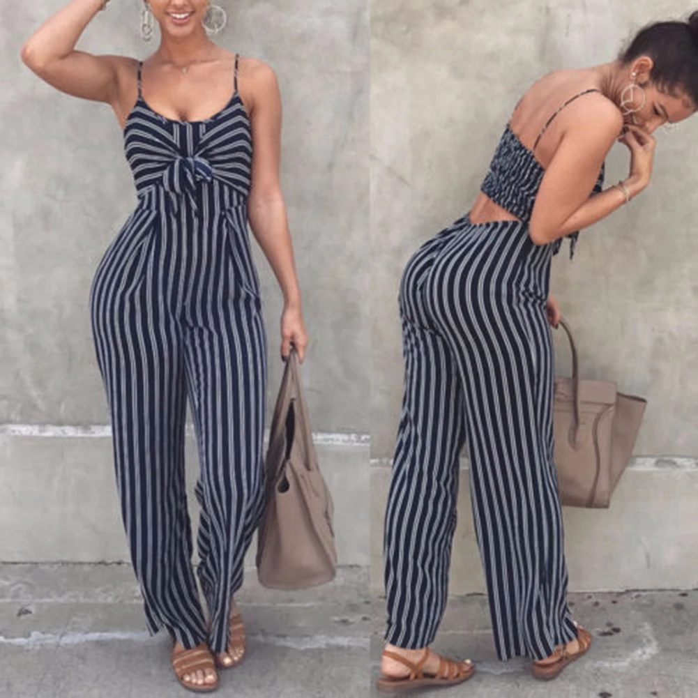 

Women Jumpsuit Spaghetti Strap Party Shopping Summer Sexy High Waist Slim Bowknot Striped Sleeveless Casual Wide Leg Polyester