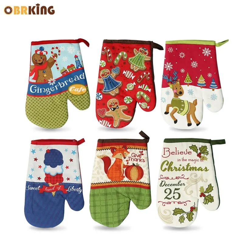 OBRKING Christmas Oven Mitts Heat Resistant Baking Gloves Pot Holder
