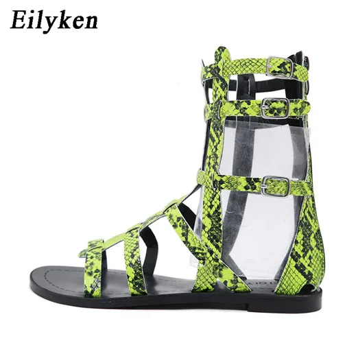 Eilyken/Новинка года; женские сандалии-гладиаторы на молнии в римском стиле; Змеиный цвет; зеленые сандалии на плоской подошве; сандалии для отдыха с открытым носком - Цвет: Green