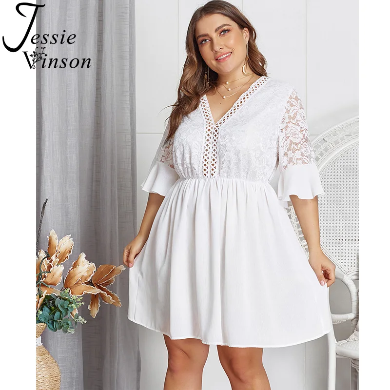 

Jessie Vinson Half Sleeve V-neck Lace Splicing Plus Size Dress for Women 4XL Flare Sleeve White Summer Beach Dress Tunic Short