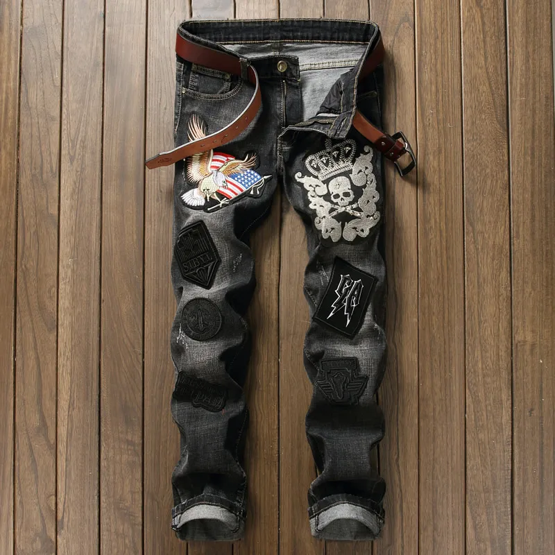 Novelty Skull Embroidery Man Rivet font b Jeans b font Vintage Flag Eagle Applique Trousers