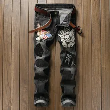 Novelty Skull Embroidery Man Rivet font b Jeans b font Vintage Flag Eagle Applique Trousers