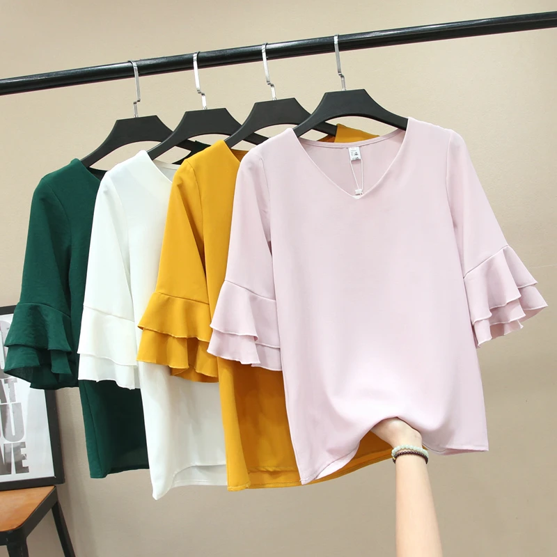 

2019 Fashion Brand Women's blouse Summer Butterfly Sleeve Chiffon Shirt V-Neck Casual blouse Plus Size 4XL Loose Female Tops