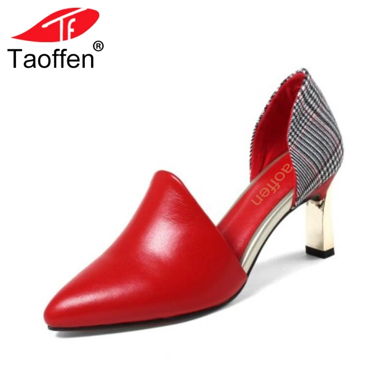 

TAOFFEN Brand Quality Women Real Leather High Heel Sandals Pointed Toe Gold Heel Sandals Elegant Office Lady Shoe Size 34-40