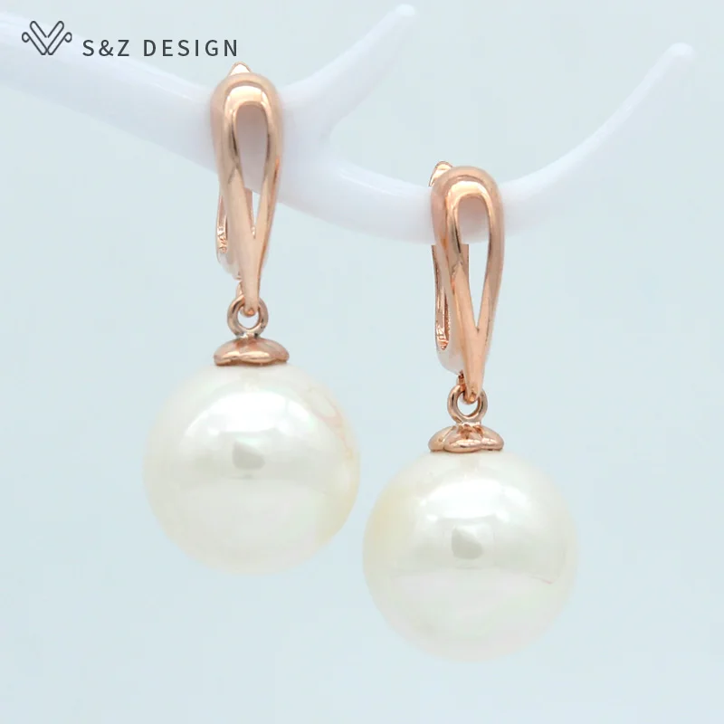 S&Z DESIGN New Trendy Round Imitation Pearl Dangle Earrings Jewelry Sets For Women Wedding 585 Rose Gold Color Pendant Necklace