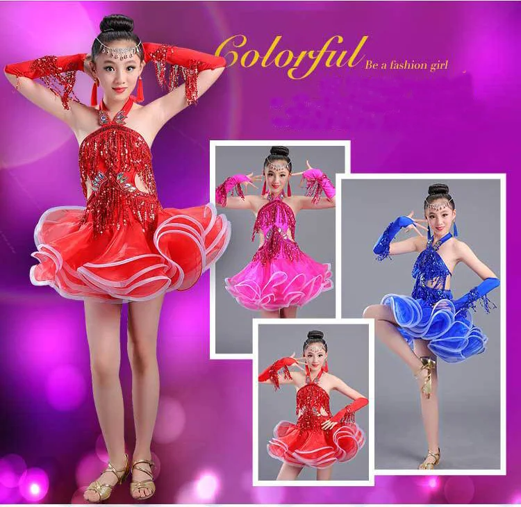 Профессиональные костюмы для девочек с блестками и бахромой для латинских танцев, сальсы, ча-ча, бальных танцев, соревнований, костюмы для детей, Одежда для танцев