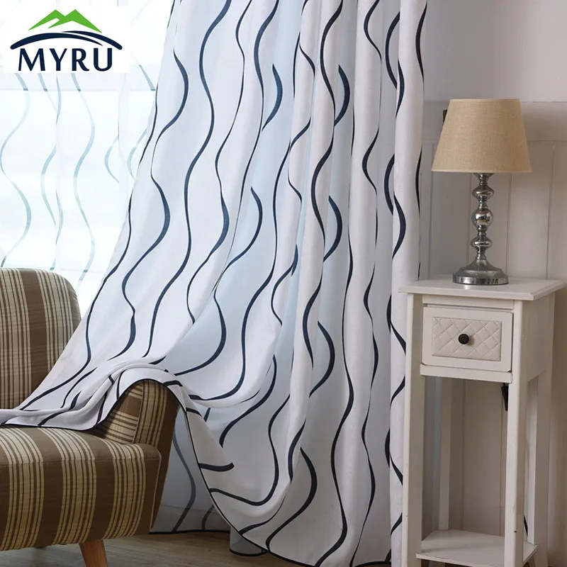 

MYRU Simple modern dark blue striped curtains semi shade cloth curtains custom curtains for bedroom and living room