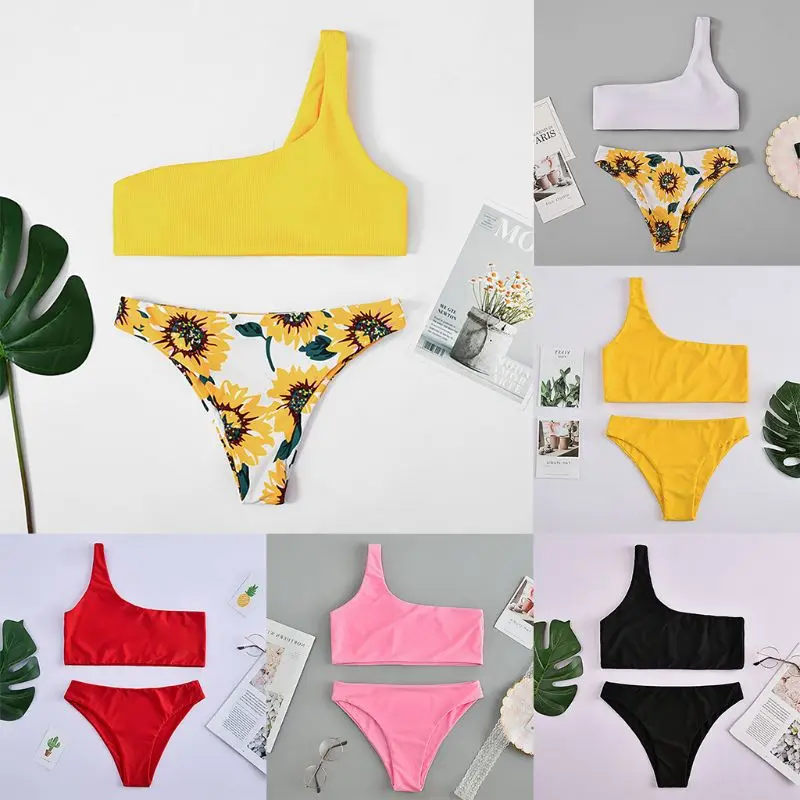 

2019 1 Set Women Sunflower Printed One Shoulder Bandeau Padded Bikini Swimsuit Swimwear Set Beachwear