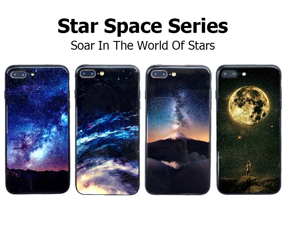 TOMKAS Temper Glass Case For iPhone X 8 7 6 6s Plus Cover Phone Cases For iPhone X 8 7 6 s Case Silicone TPU PC Star Sky Pattern (7)