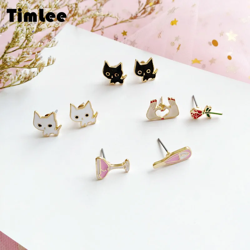 Timlee E081 Cute Cartoon Black and White Lollipop Cat Stud Earrings