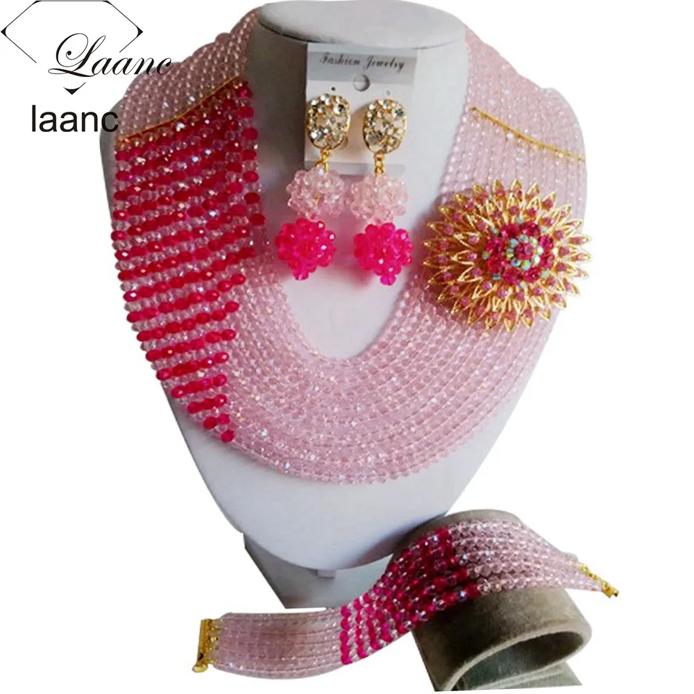 

fucsia pink and baby pink crystal beads african necklace for nigerian wedding CLS028