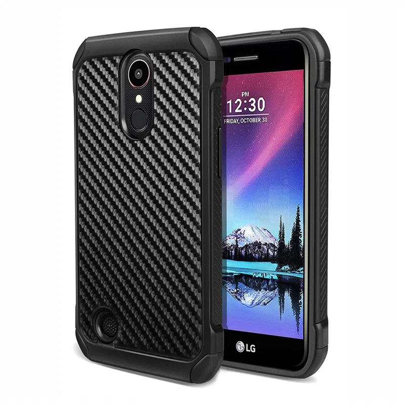 

Heavy Duty Black Dual Layer Hybrid Shockproof Hard PC Hand made Carbon Fiber Back Anti-Scratch Protective Case for LG K20 Plus