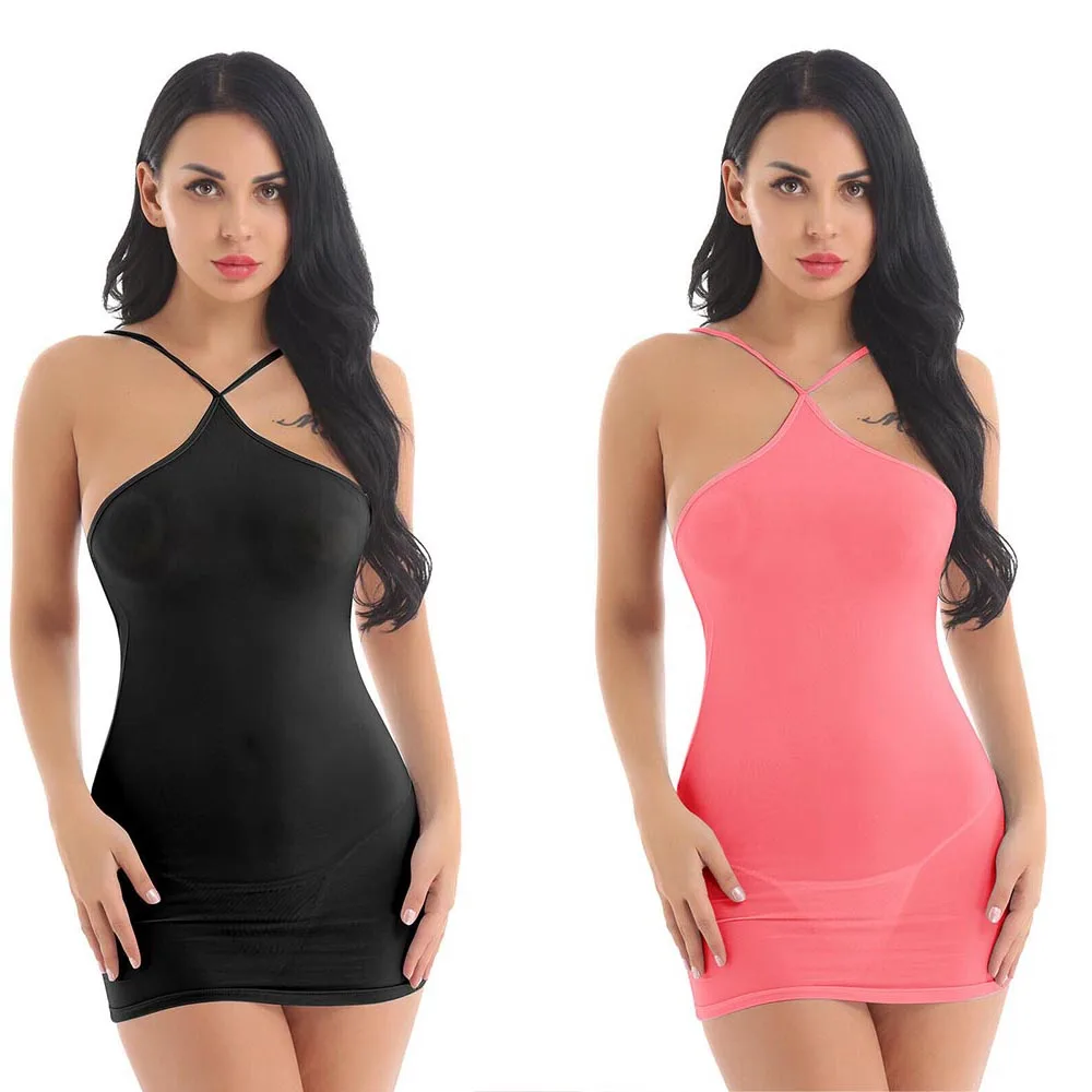 

Sexy Women Sheer See Through Bodycon Mini Derss Night Club Spaghetti Straps and Backless Short Dress with G-string