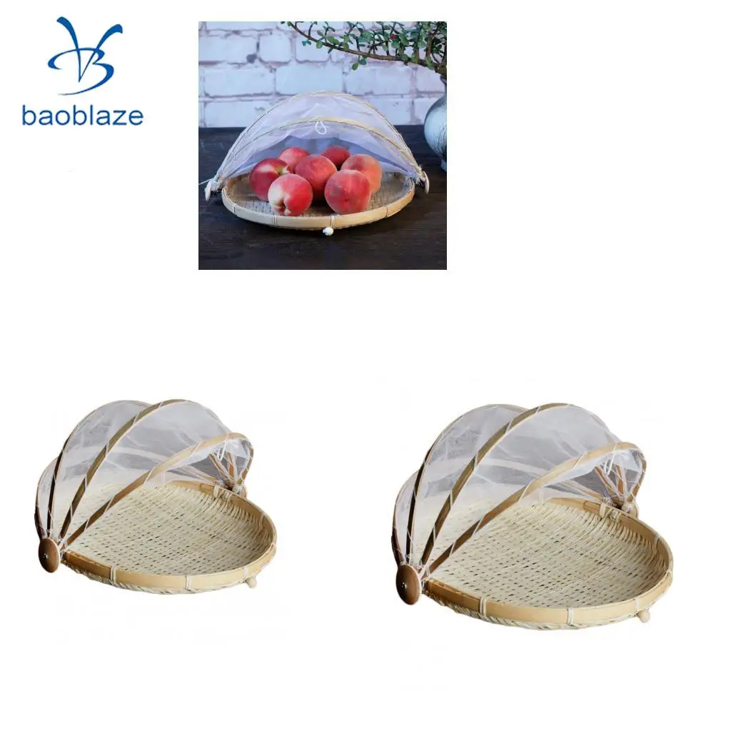 2xBamboo Tent Basket Serving Food Outdoor Picnic Pop Up Mesh Net Cover Round