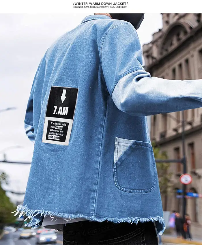 Новая джинсовая куртка мужская мода патч дизайн груди джинсы с лентой куртки приталенные повседневные с кисточками бахрома уличная одежда пальто синий