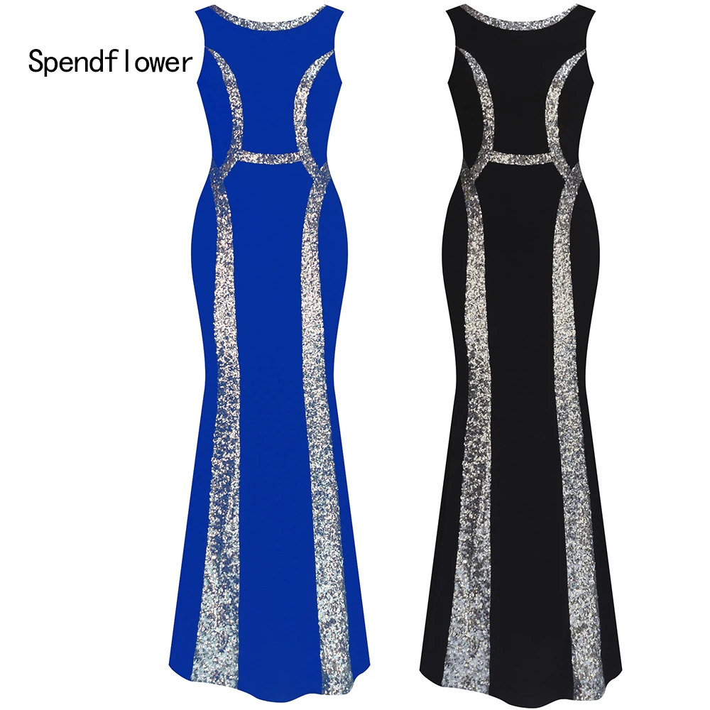 Spendflower Женская рукавов Лодка воротник серебро блёстки Цвет: черный, синий Формальное вечернее платье G-097