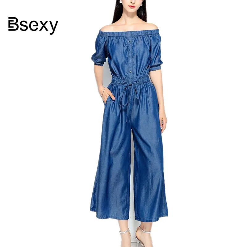 wide leg blue jean jumpsuits for women