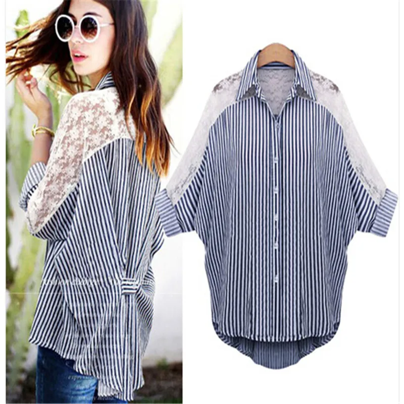 

2017 New Fashion Women Shirts Casual Loose Summer Blouses Batwing Lace Sleeve Hollow Out Striped Camisa Femme Hot Plus Size 6XL