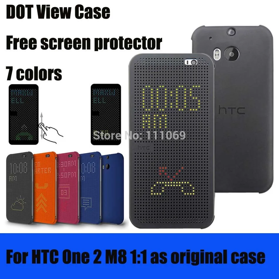 

For HTC One M8 Dot View Flip Case Cover With Auto Sleep Wake Function Silicon Mobile Phone Cases + Free Screen Protector