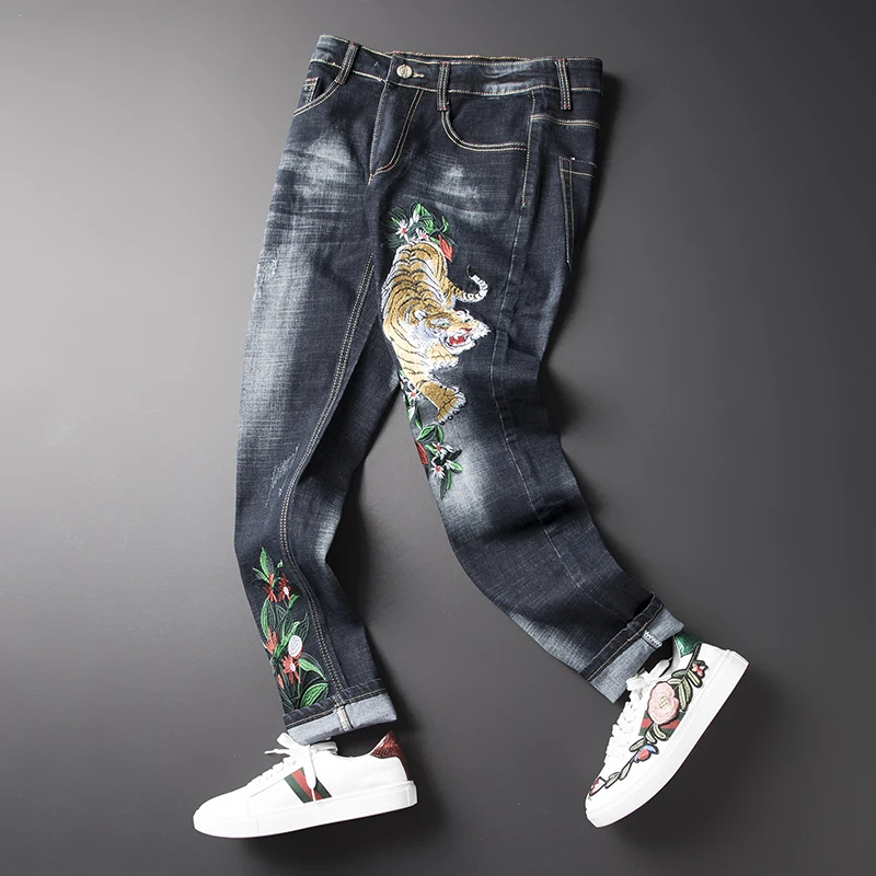 2019 Autumn Male Tiger Head Embroidery Elastic Force Self-cultivation hip hop Jeans Blue Black denim Japan Style Animal