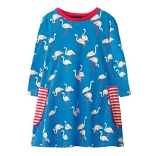 

Jumping meters baby girls dress clothes Flamingo printed autumn children dresses cotton with pockets kids dresses for girls