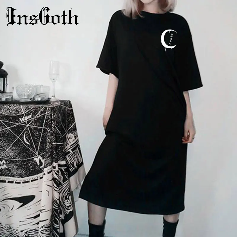

InsGoth Women Long T-shirt Dress Gothic Moon Printed Short Sleeve O-neck Black Loose T-shirt Streetear Casual Female Tshirt