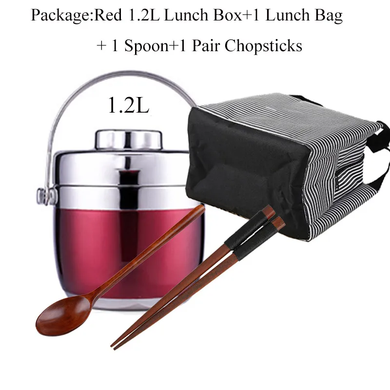 Unibird из нержавеющей стали Ланч-бокс термо для детей двухслойный пищевой термос контейнер с ложкой палочки для еды термо-бокс Bento - Цвет: Red 1.2L Full