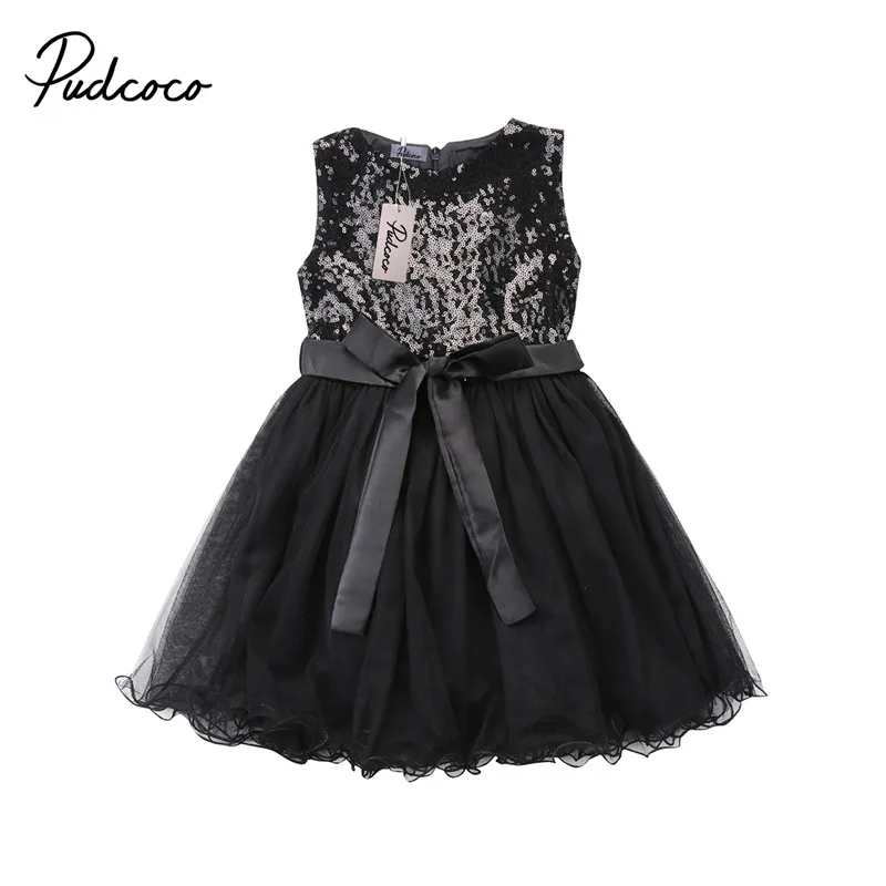 

2018 New Fashion Kids Baby Girl Sequins Boknot Dress Black Party Ball Gown Sundress 1-7T