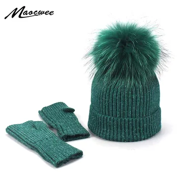 

Winter Hat For Women Real Raccoon Dyeing Fur Pom Hat Girls Thick Knitted Beanies Poms Beanies Ball Cap Female Warm Gloves Gifts