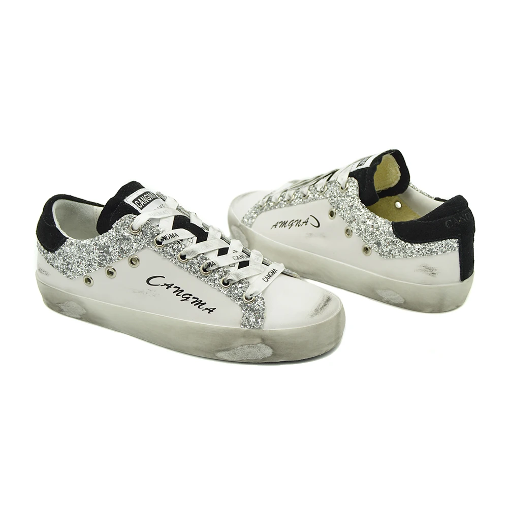 CANGMA/Дизайнерские кроссовки; женская белая дышащая обувь из натуральной кожи; женская обувь; стиль; замшевые туфли на плоской подошве с серебристыми блестками
