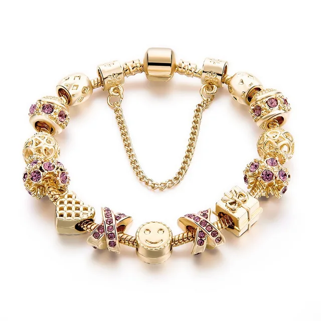 Gold Plated fit pandora Bracelets with Purple Crystal Glass Smile