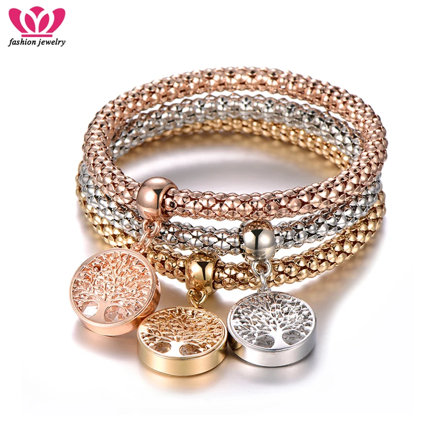 

Tree of Life Bracelets 3PCS/Set Popcorn Bracelet For Women Hollow Locket Charm With Austrian Crystal Jewelry Gifts Dropshipping
