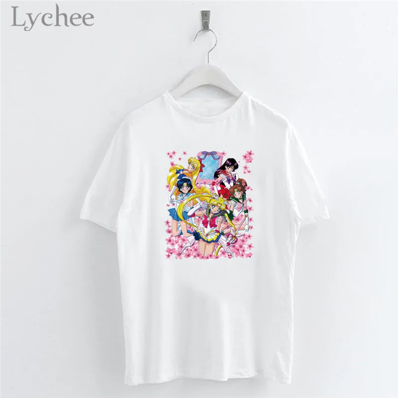 Lychee Harajuku Сейлор Мун мультфильм Печать Женская футболка повседневная с коротким рукавом o-образным вырезом белая футболка женский топ - Цвет: 4