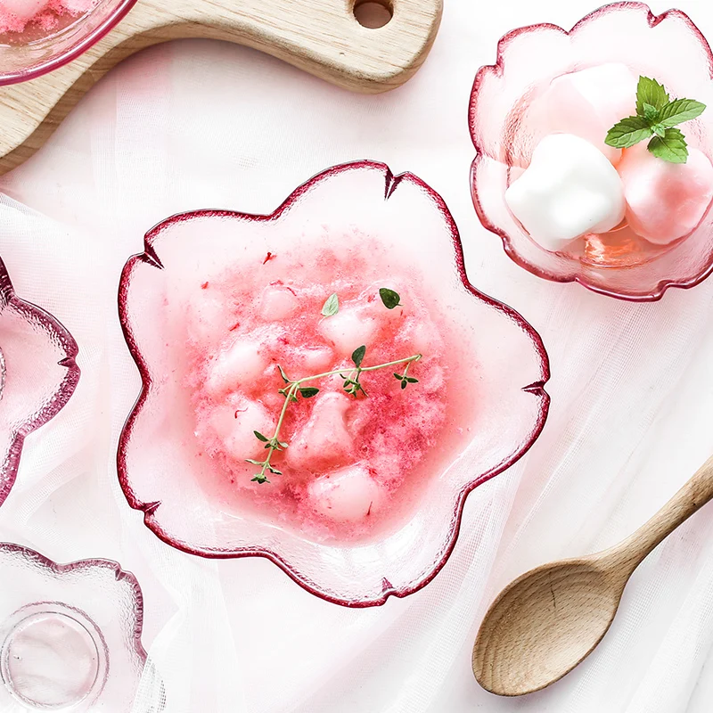 Chic Flower Glass Bowl Pink Transparent Cherry Blossom Dish Plate Yogurt Fruit Dessert Salad Dishes Tableware Decoration 1pcs